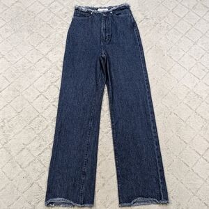 WeWoreWhat Jeans Women's 24 Blue Dark Straight Leg High Rise Relaxed Raw Hem